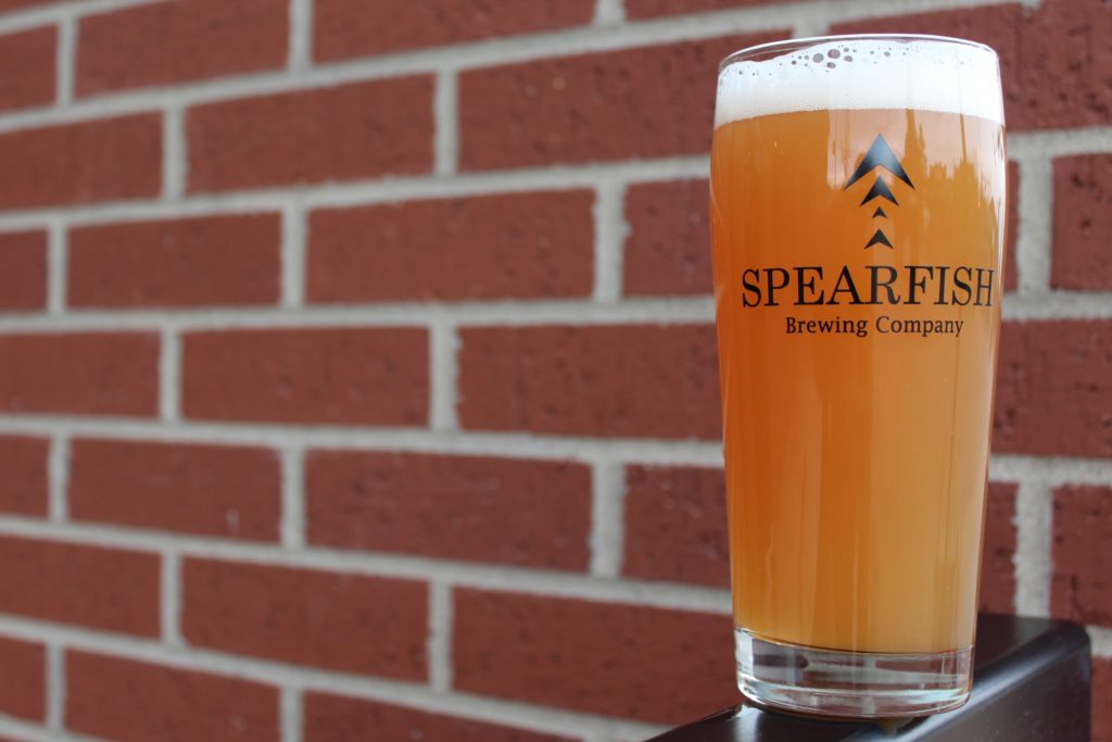 Pint of hazy fruit beer on the patio with a brick wall in background.